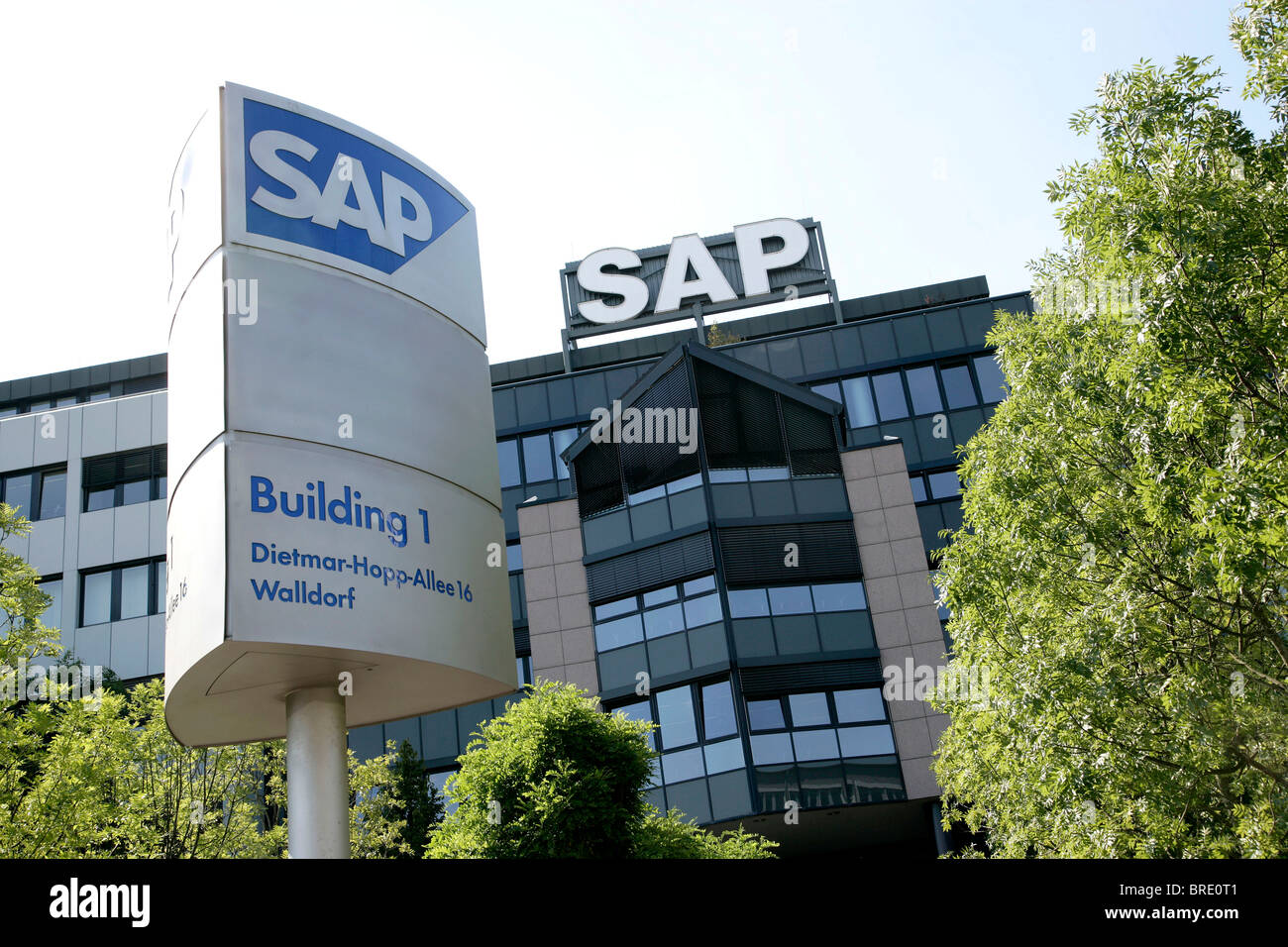 Firmenlogo in der Zentrale des Software-Unternehmens SAP AG in Walldorf, Baden-Württemberg, Deutschland, Europa Stockfoto