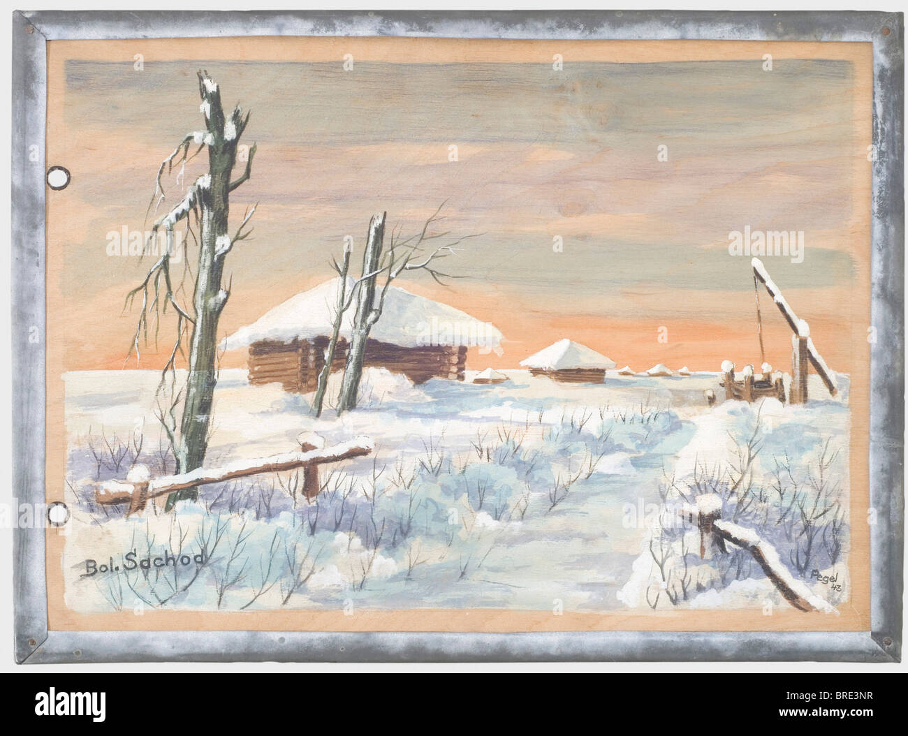 Oberst Arnold Schenk, Ausreisezertifikat 1943 aus dem 503rd Grenadier Regiment EINE schöne und liebevoll gestaltete Urkunde aus Holz und Metall für ihren abziehenden Kommandeur vom 20. Oktober 1943 "Rußland am 20. Oktober 1943". (Russland, 20. Oktober 1943). Zwei in kalligraphischer Schrift beschriftete Platten auf Vorder- und Rückseite, ein Bildfeld, das "Bol. Sachod' und 'South of Lake Lagoda'. Die Binde ist mit einer Eiche mit Blattschmuck und einem bemalten Demjansker Schild geprägt. Lichtschäden. Abmessungen 23 x 37 cm. Oberst Arnold Schenk wurde am 25. September mit dem Deutschen Kreuz in Gold ausgezeichnet. Stockfoto