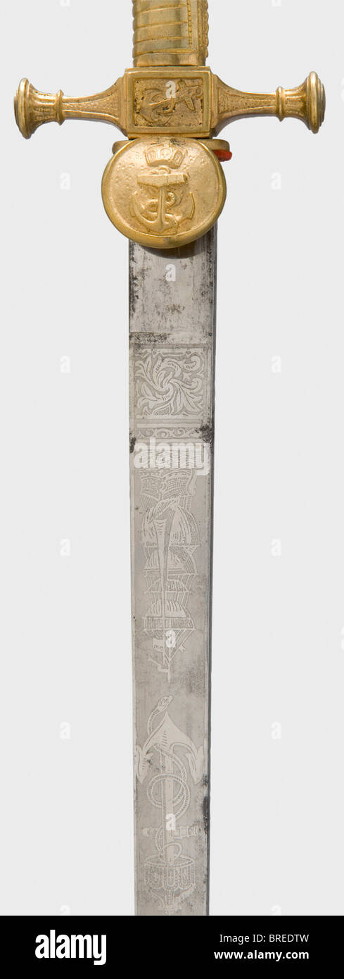 Ein Kadett Dirk von der Kaiserlichen Marine, etwa 1890 Keilklinge mit maritimer Radierung. Vergoldeter Tombac Hilt mit den Quillonen eines 1890 Kadett dirk, feste Schutzplatte. Lederschaber mit vergoldeten Befestigungen, zwei Ringe für die Aufhängung. Länge 45,5 cm. Kleine Rostflecken auf der Klinge. Historische, historische, historische, Marine, Seestreitkräfte, Militär, Militaria, Dienstzweig, Dienstzweige, Streitkräfte, bewaffnete Dienststelle, Objekt, Objekte, Stillstände, Clipping, Ausschnitte, Ausschnitte, Ausschnitte, Aussparungen, Thrustern, Thrustern, Handwaffe, Handwaffen, Nahkampfwaffe, m, Stockfoto
