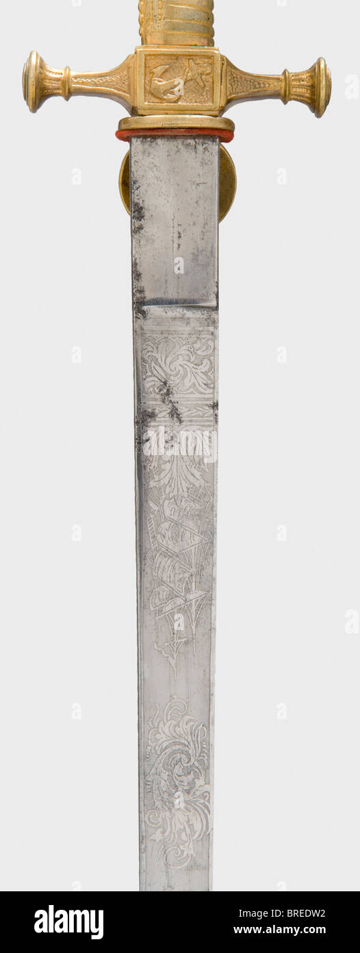 Ein Kadett Dirk von der Kaiserlichen Marine, etwa 1890 Keilklinge mit maritimer Radierung. Vergoldeter Tombac Hilt mit den Quillonen eines 1890 Kadett dirk, feste Schutzplatte. Lederschaber mit vergoldeten Befestigungen, zwei Ringe für die Aufhängung. Länge 45,5 cm. Kleine Rostflecken auf der Klinge. Historische, historische, historische, Marine, Seestreitkräfte, Militär, Militaria, Dienstzweig, Dienstzweige, Streitkräfte, bewaffnete Dienststelle, Objekt, Objekte, Stillstände, Clipping, Ausschnitte, Ausschnitte, Ausschnitte, Aussparungen, Thrustern, Thrustern, Handwaffe, Handwaffen, Nahkampfwaffe, m, Stockfoto