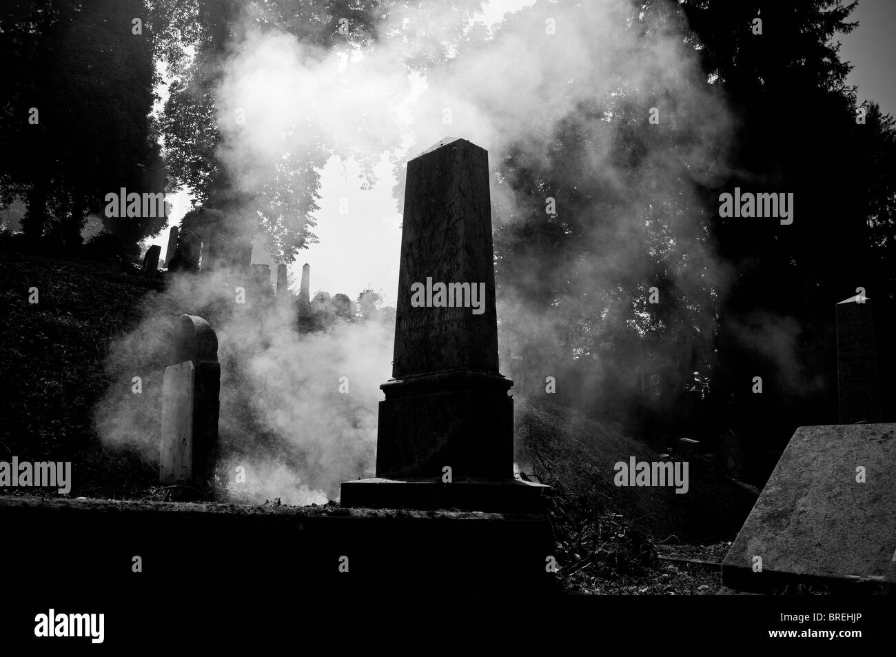 Siebenbürgen, Rumänien. sighişoara. Friedhof. Nebel unter den Gräbern Stockfoto