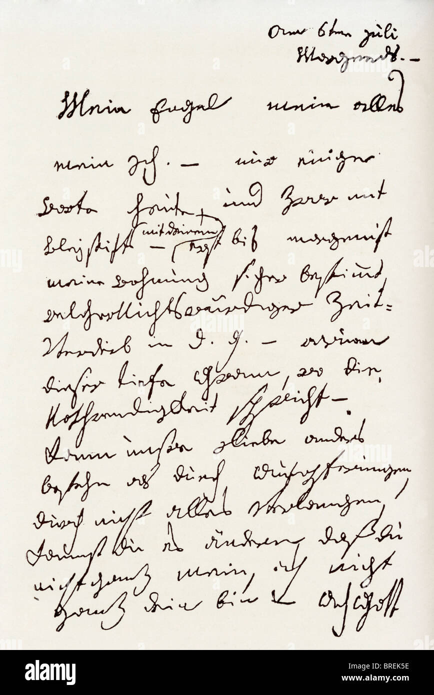 Brief von Ludwig van Beethoven, Die "Der Unsterbliche Geliebte'. Ludwig van Beethoven, 1770 - 1827. Deutsche Komponist und Pianist. Stockfoto