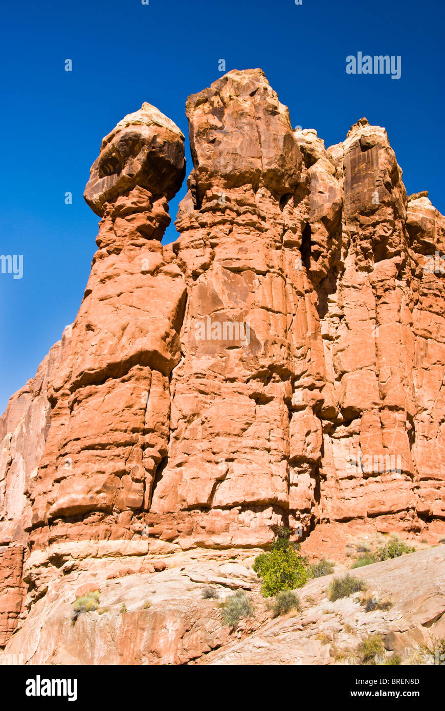 Sandsteinformation im Arches National Park mit einem klaren blauen Himmel im Hintergrund. Stockfoto