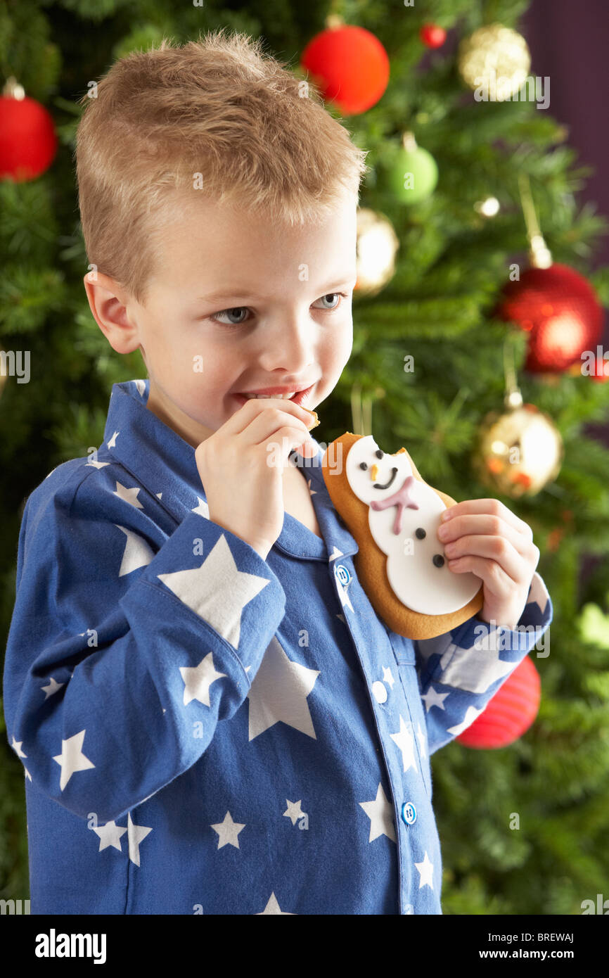 Kleiner Junge Cookie vor Weihnachten Baum essen Stockfoto