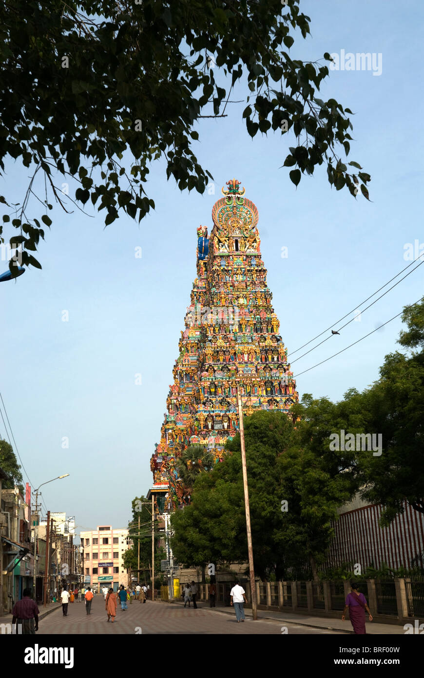 Gopuram (Turm) auf der Sri-Meenakshi (Hindu-Tempel) in Madurai; Tamil Nadu; Indien Stockfoto