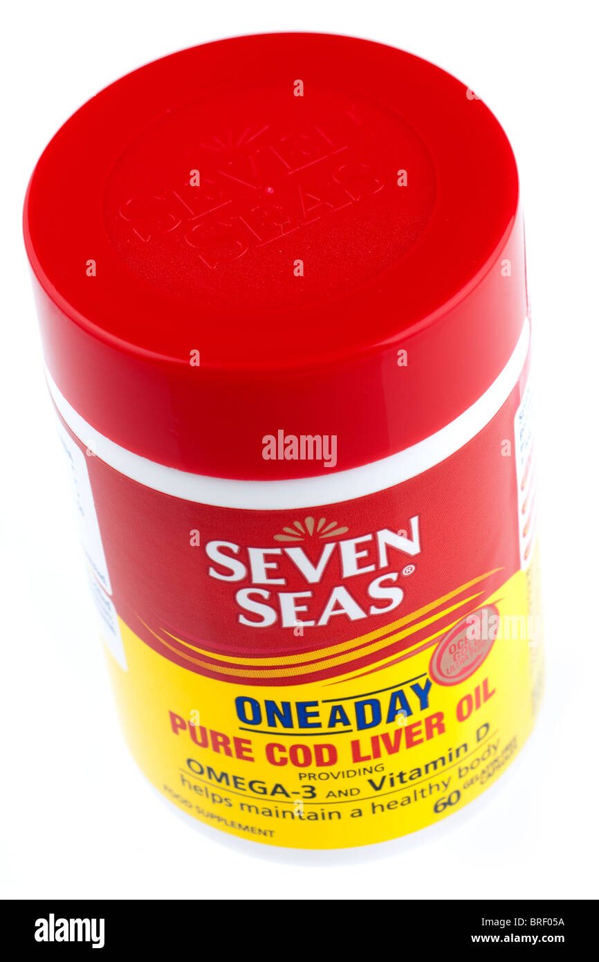 Seven Seas ein A Tag Pure Kabeljau Leber Öl Kapseln container Stockfoto