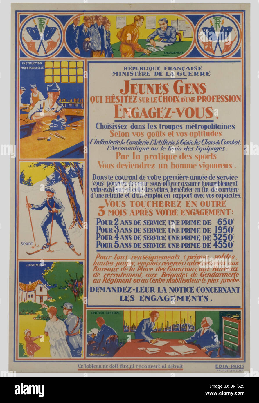 Affiches, Affiche en couleurs d'engagement, taille 1,22 x 0,84, encadrée et entoilée. Joint une affiche pour la 'Mobilisierung Générale' de Septembre 1939, encadrée et entoilée. Beau graphisme d'avant-guerre signé Danilo., , Stockfoto