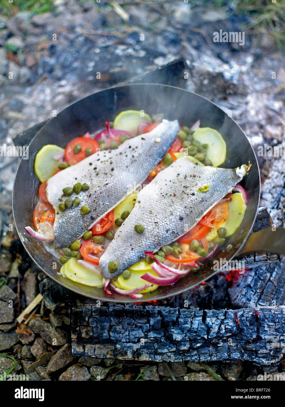 Fischfilets und Gemüse in der Pfanne am Lagerfeuer kochen Stockfoto