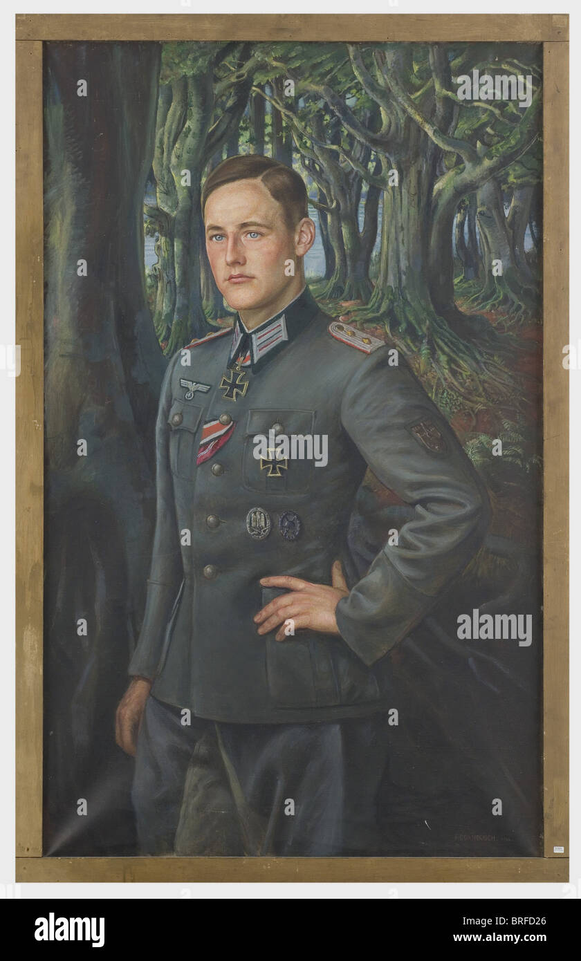 Kapitän Max-Eugens Petereit - ein Porträt des Trägers des Ritterkreuzes des 3./Art Reg. 240, Öl auf Leinwand, posthume Malerei in Uniform mit Ritterkreuz, Eisernes Kreuz Erster Klasse, Wundabzeichen in Schwarz, allgemeines Assault-Abzeichen, Krim-Kampagnenschild sowie Knopflochbänder für das Eiserne Kreuz, 2. Klasse und die Ostfront-Medaille. Im Hintergrund große Eichen an den Klippen der Ostseeküste bei Kiel. Unterschriebene und datierte rechts unten 'F. Dornbusch 1944'. Einfacher Holzrahmen, 138,5 x 88 cm. Zu den biografischen Daten des Verso über Petereit (1925-42241 - , Stockfoto