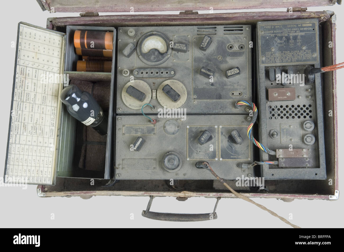 Ein basiertes SOE-Funkmuster MKII, das vom "Special Operation Executive" an Den französischen Widerstand gesendet wurde. Englisch hergestellt im Jahr 1941. Dieses Gerät erfasste Frequenzen zwischen 3 und 16 Mhz (Telegrafie). Um die Leistung zu erhöhen (20 Watt), zwei zusätzliche Lampen, die im Lieferumfang enthalten sind. Gewicht 18 Kilo. Bei Stromknappheit konnte sie mit der Verwendung einer elektrischen Batterie autonom in der Energie sein. Mit einem solchen Funkgerät war es möglich, über mehr als 1000 km zu kommunizieren! Komplett in seinem zivilen Lederkoffer, um nicht wahrgenommen zu werden. Im Lieferumfang enthalten ist eine Metallbox mit t, Stockfoto