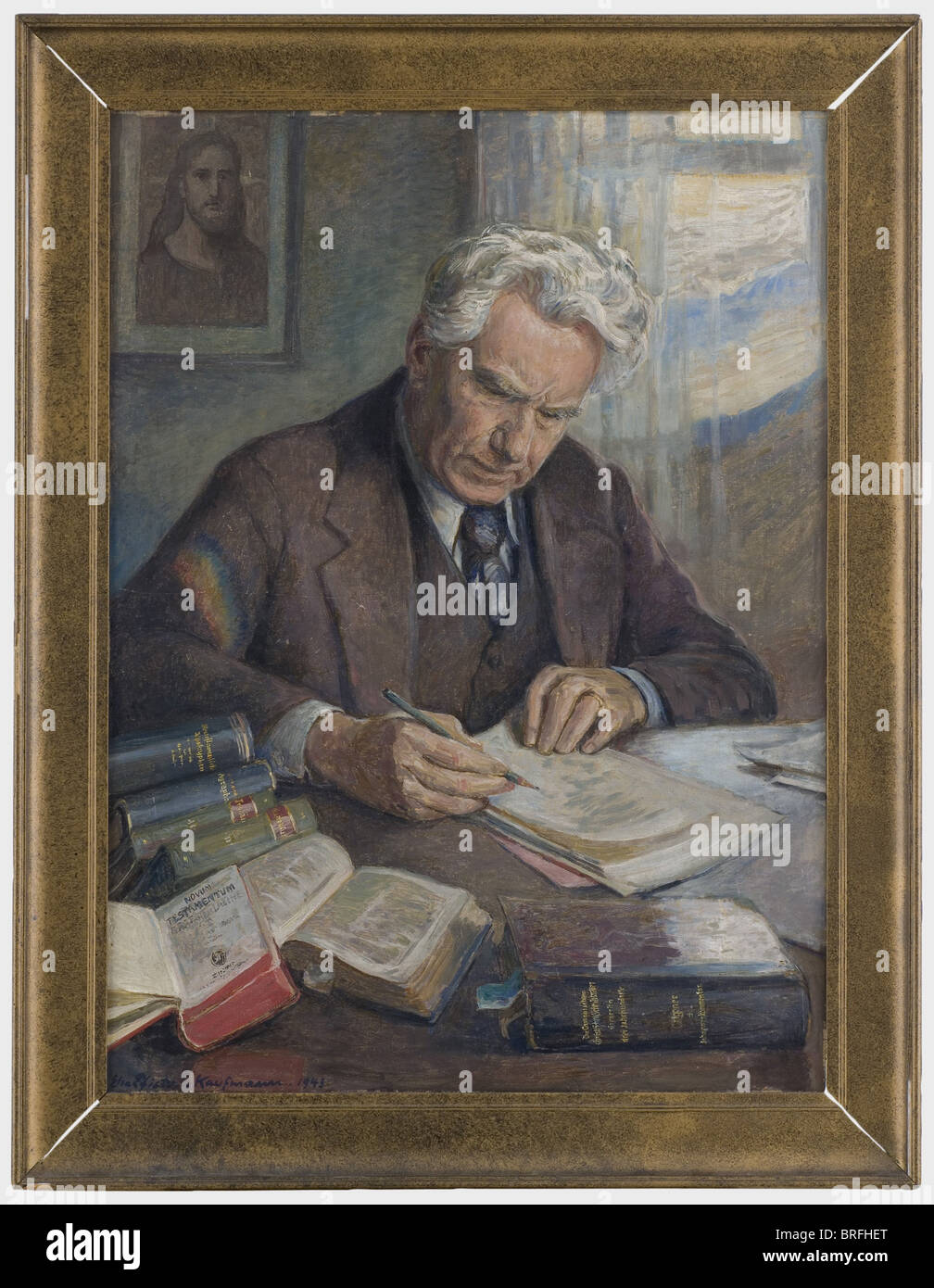 Artur Dinter - ein Porträtgemälde 1943., Öl auf Pappe. Dinter an einem Schreibtisch. Unterer links "Elsa Pfister-Kaufmann 1943" unterzeichnet. Bildgröße 62 x 85, gerahmt 79 x 100 cm. Der Rahmen mit einigen Unvollkommenheiten: Menschen, 1930er Jahre, 20. Jahrhundert, NS, Nationalsozialismus, Nationalsozialismus, Nationalsozialismus, Drittes Reich, Deutsches Reich, Deutschland, Deutscher, Nationalsozialist, NS-Zeit, Faschismus, Objekt, Objekte, Stills, Clipping, Ausschnitte, Ausschnitte, Ausschnitte, Malerei, Gemälde, schöne Künste, Kunst, Bild, Bilder, Illustrationen, Mann, Männer, Männer, Männer Stockfoto