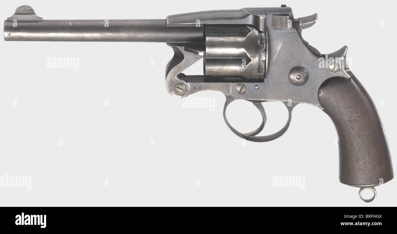 Ein Enfield mod.1880 MK II der 'North West Mounted Police', hergestellt in 1884.Cal..476,Nr. A1603.passende Nummern.gute Bohrung.Ladetor.Rechts hinten auf Rahmen markiert Krone/'VR/ENFIELD/1884/II'.Annahme breiter Pfeil unten links vom Rahmen und auf der rechten Griffplatte.Linke Griffplatte mit gestempelter Inventarbezeichnung 'NWMP / 351 / CANADA'(North West Mounted Police, Kanada Finish, teilweise 351) Dünn mit Gebrauchsspuren.glatte Walnussgriffplatten.Lanyard Schlaufe.sehr gute insgesamt condition.Comes mit einem Brief von der Mounted Police of Sept,Additional-Rights-Clearences-nicht verfügbar Stockfoto