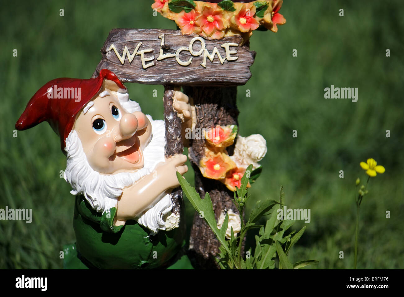 Gartenzwerg mit welcome board Stockfoto