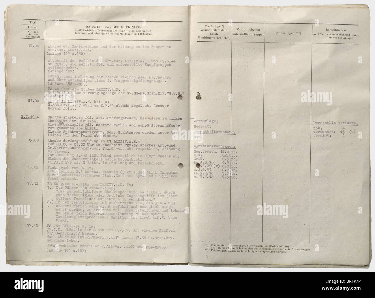 Ein Kriegstagebuch der 17. SS Panzerinfanterie-Division 'Götz von Berlichingen'.,Schreibgeschriebene Zeitschrift über die Ereignisse, die zwischen dem 6. Juni und dem 14. August 1944 in der Normandie stattgefunden hatten, d.h. die ersten schweren Kämpfe zwischen deutschen Truppen und den alliierten Streitkräften, die am D-Day gelandet waren.die SS-Division stand drei US-Divisionen gegenüber südlich von Carentan und kämpfte um Saint-L zu halten“, ohne Erfolg. Dann zog sich die Division nach Paris zurück. Das Kriegstagebuch selbst hat eine Länge von ca. 90 Doppelblättern im DIN A4 Format, wird aber durch eine Reihe von verwandten kopiert att ergänzt, Additional-Rights-Clearences-nicht verfügbar Stockfoto