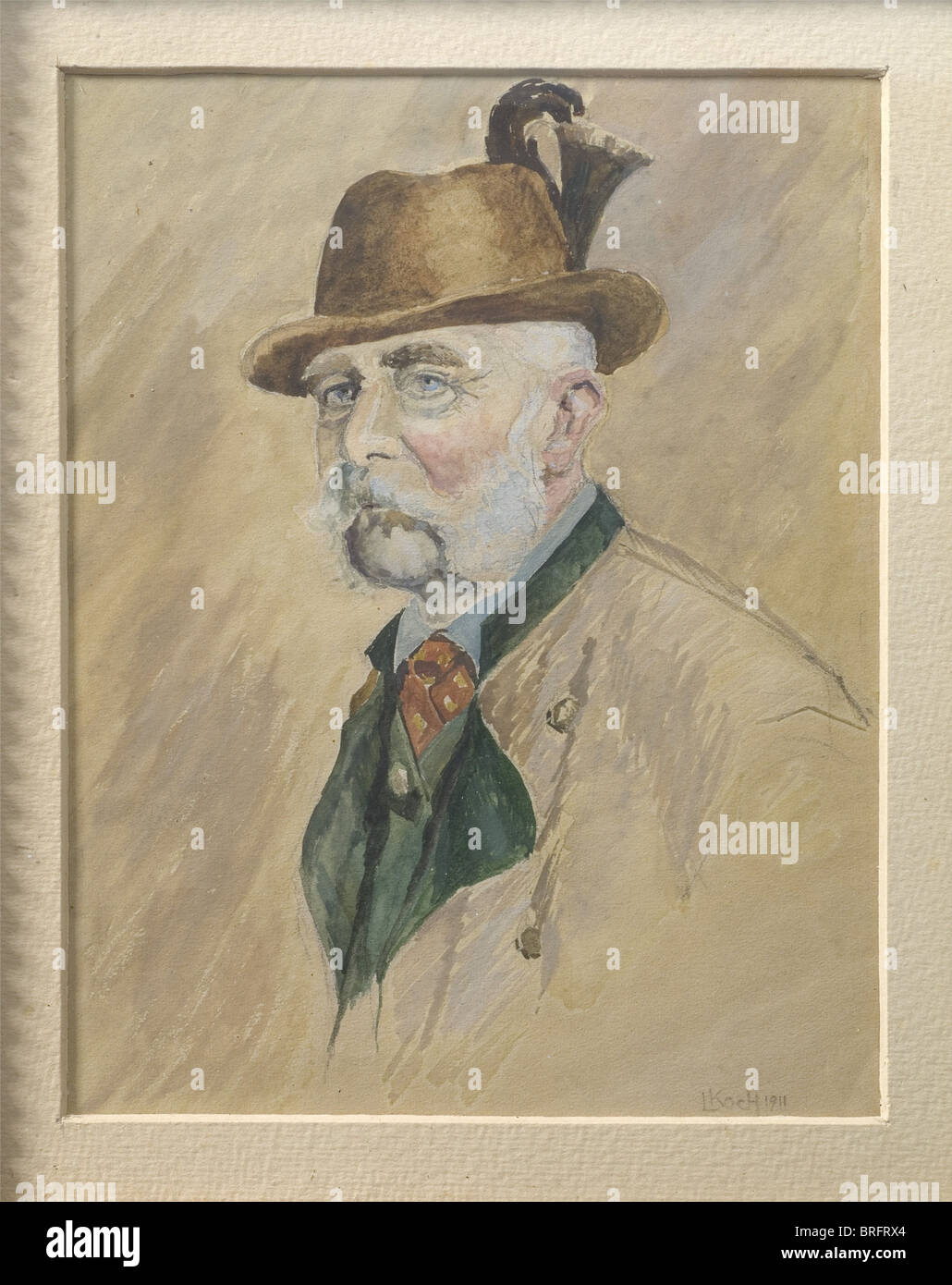 Ludwig Koch (von 1866 bis 1934) - ein Porträt von Kaiser Franz Joseph I., Gouache auf Papier, signiert und auf der rechten unteren Seite 'L. Koch 1911'. Gut ausgeführtes Porträt des gealterten Kaisers in traditioneller Tracht mit Hut. Unter Glas und im Passepartout. Holzrahmen mit später Vergoldung. Abmessungen 32,5 x 28 cm. Mit vier handschriftlichen Briefen und einer Postkarte von Ludwig Koch an einen Freund der 1930er Jahre, jeweils ein Vordruck, zwei Kopien mit Skizzen von Koch. Außerdem ein Foto, das den Künstler zeigt. Ludwig Koch, bekannter Wiener Maler und Bildhauer, amo, Stockfoto