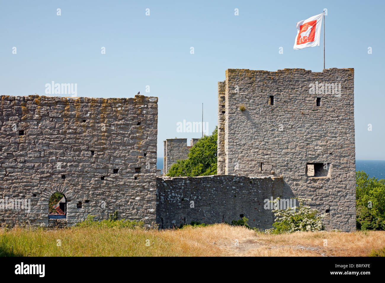 Der nördliche Teil der mittelalterlichen Stadtmauer, die Stadtmauer, um die Hansestadt Visby auf der schwedischen Insel Gotland in der Ostsee Stockfoto