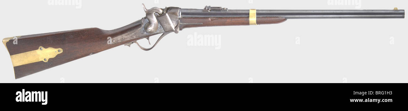 Ein Scharfschütze Modell 1852 Karabiner, Nummer 6102.Runde gebläute Fass in  cal..52 mit der Herstellereinschrift.'Sharps Rifle Manufaktur.Co.Hartford  Conn.'.Folding Anblick eingeschrieben, 'R.S.Lawrence'.Frame hat einen  Sattelring.die Schlossplatte ist ...