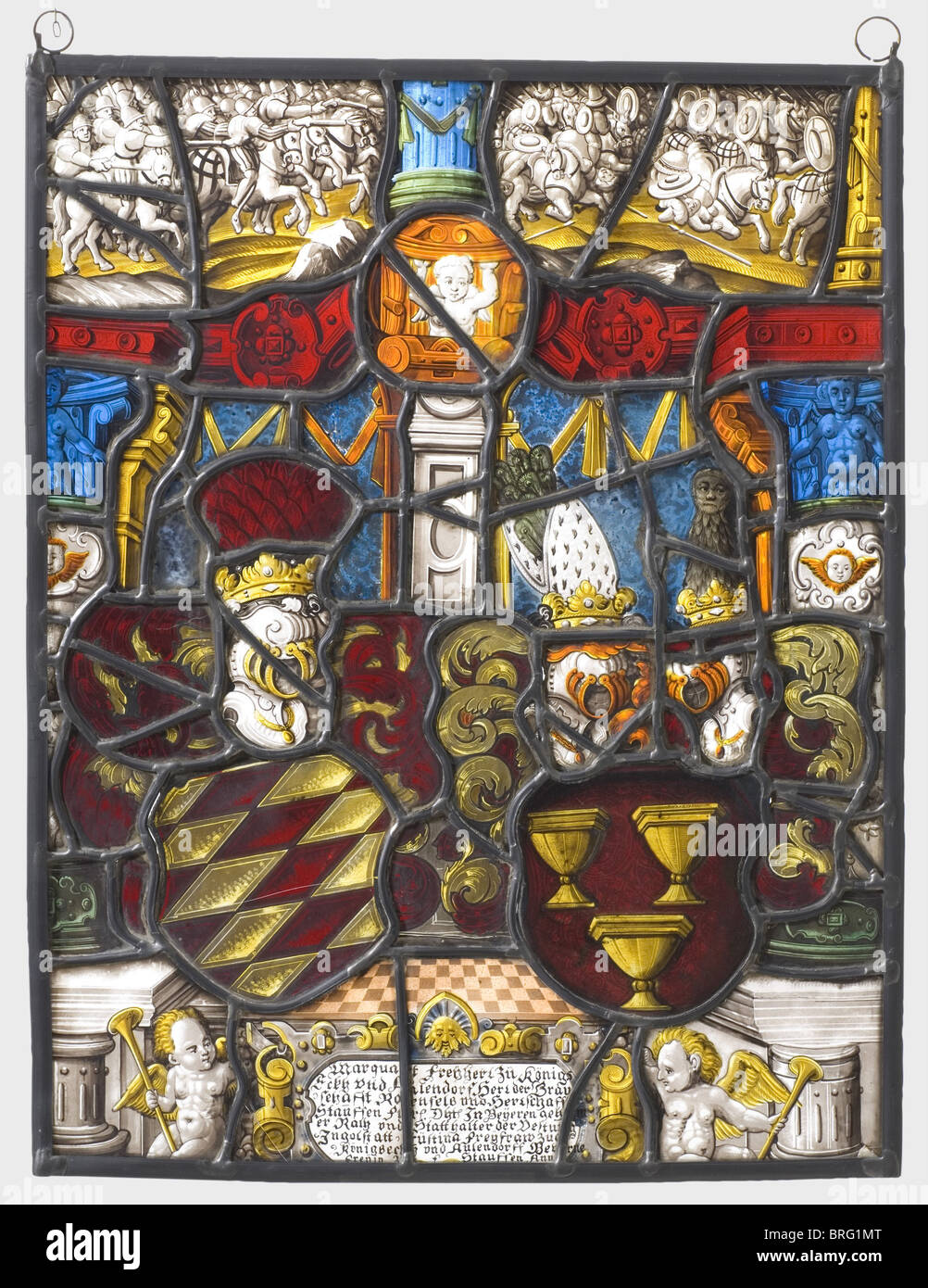 Bleiglasscheibe mit Allianzwappen des Landeshauptmanns von Ingolstadt Festung Baron zu Königsegg-Aulendorff, um 1620, handbemalt, mehrfarbiges Glas, geätzt, teilweise geschnitten, restaurierter Bleirahmen. Königsegg-Aulendorff Wappen mit Helm und Rautengulchen und OR. Das Wappen seiner Frau, einer geborenen Baroness von Stauffen, mit zwei Helmen und drei Kelchen oder auf Maulen. Im oberen Teil eine zeitgenössische Kampfszene, Reiter mit Radschlosser-Geschützen, die eine Gruppe von montierten Osmanen verfolgen. The lowe Historic,Historic,,People,17th century,Bavaria,,Additional-Rights-Clearences-not available Stockfoto
