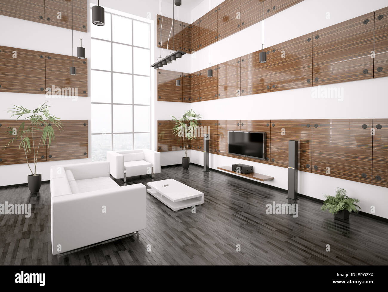 Wohnzimmer mit Ebenholz Holzplatten innen 3d Rendern Stockfoto