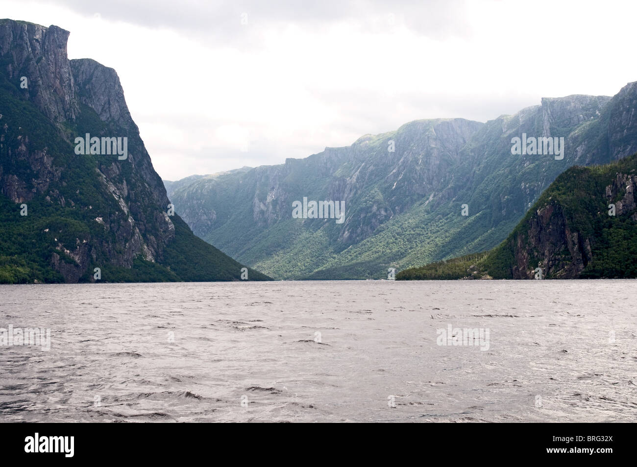 Zeigen Sie nach unten Western Brook Pond an Stockfoto