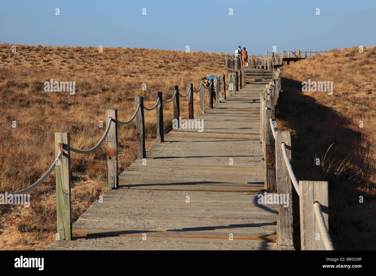 Holzsteg über die Dünen in Praia Grande Algarve Portugal Stockfoto