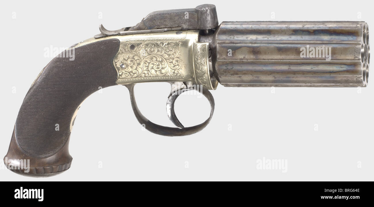 Ein verrochter Pfefferbox Revolver, Dooley in Liverpool, um 1840/50. Farbe gehärtet, Sechskugelfassung, gerillte Zylindergruppe, 90 mm lang, leicht verrostet, mit glatten Bohrungen im Kaliber 10.5 mm. Jedes Fass trägt ein englisches Prüfzeichen. Nickel-Silber-Rahmen, großzügig graviert, signiert, 'DooLEY/LIVERPOOL'. Top Hammer, Zylinderschloss, Trigger Guard, und Knauf sind auch Farbe Gehäuse gehärtet und tragen feine Arabeske Gravur. Vernickelte Trigger. Dunkelbraun Nussbaum Griff mit sehr feinen Kariering, silberne Escutcheon auf der Rückseite zeigt einen Gänsegeier. Gesamtlänge 22.5 cm. Sehr viel, zusätzliche-Rechte-Clearences-nicht verfügbar Stockfoto