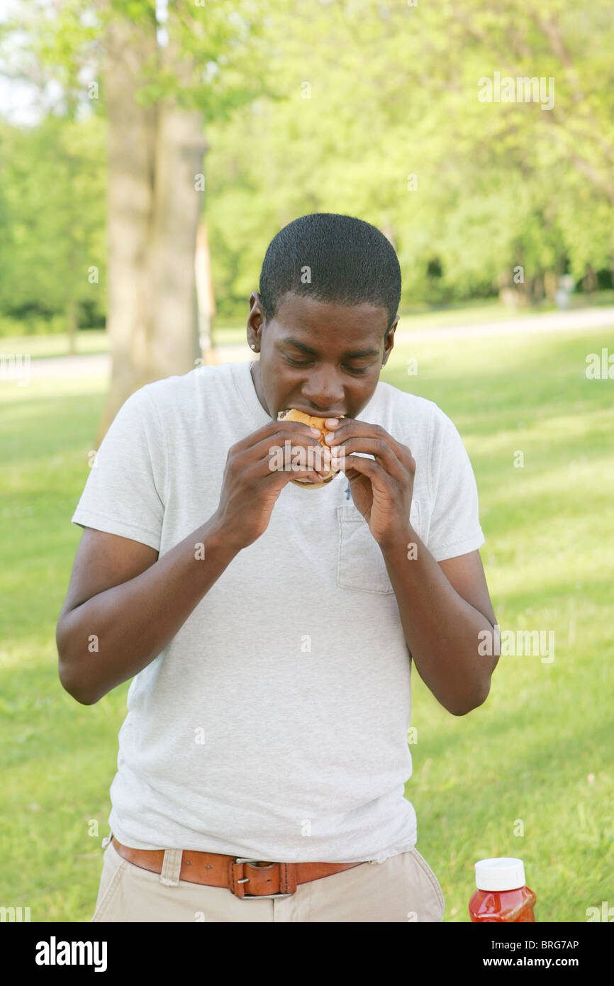 ein junger Erwachsener zwanzig Mann einen Hamburger Essen im Park im Sommer Stockfoto