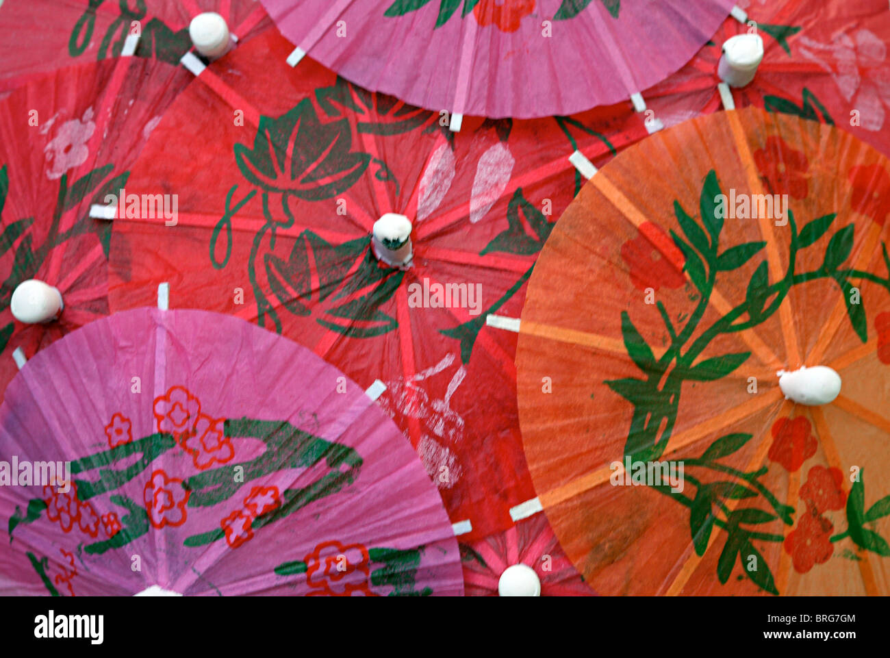 Papierschirm, Schirmchen, Schirme; Dekoration, Kitsch, China, Rot, orange, Rosa Dekoration, rot, Orange, pink Stockfoto