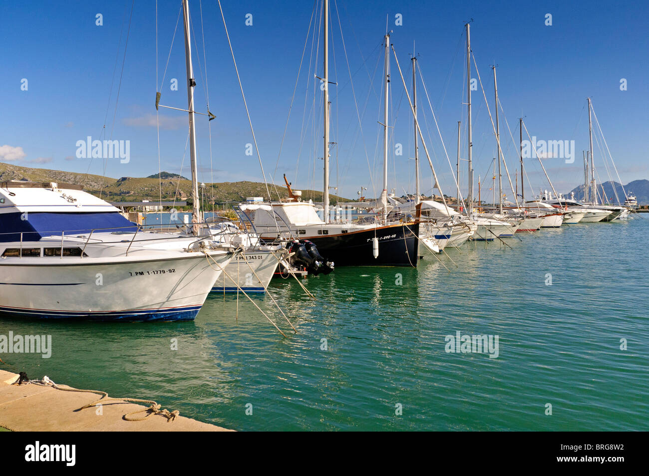 Die Hafen-Szene am Porto Pollenca auf Mallorca Spanien. Stockfoto