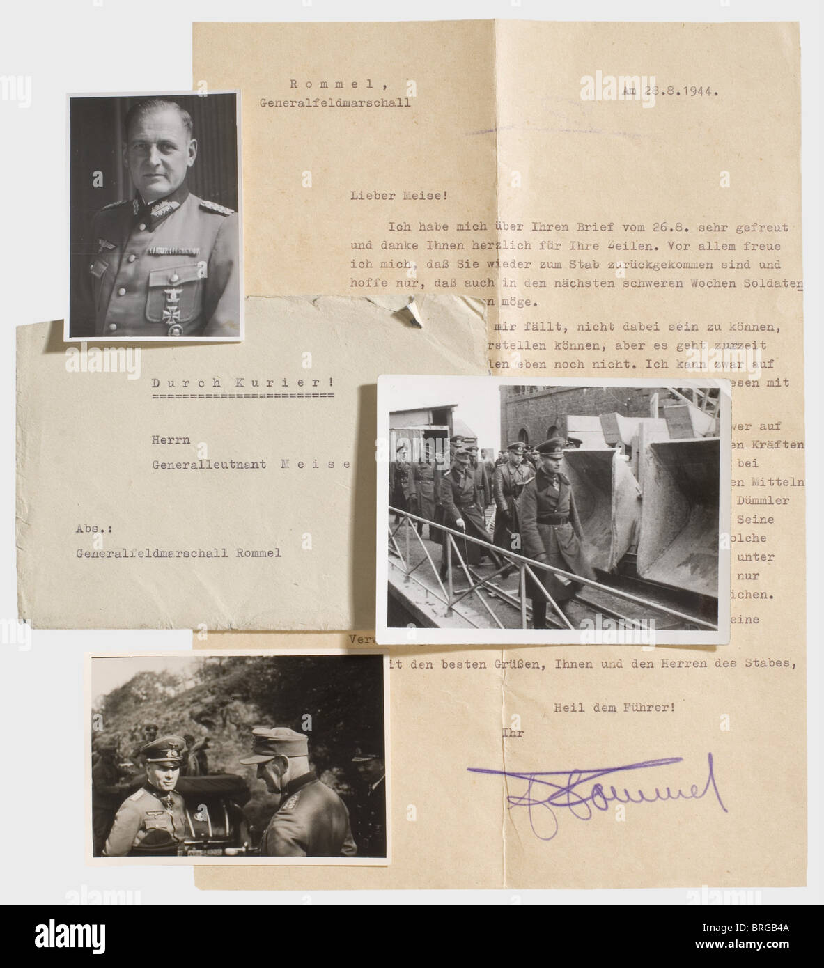 Feldmarschall Erwin Rommel, ein persönlicher Brief an Major General Meise vom 28. August 1944 Nach seiner Verletzung schreibt Rommel vom Krankenbett an den Kommandeur seiner Pioniere und den wichtigsten Mann für die defensive Taktik, wobei er bedauere, nicht an vorderster Front zu sein (transl. "Ich kann vielleicht aufstehen ... aber das Lesen mit nur einem Auge und gehen sind für mich noch sehr belastend."), dunkle Vergleiche mit vergangenen Ereignissen (Transl.) "weil ich schon eine solche Situation in Alamein im Jahr 1942 erlebt habe, Als der gleiche Feind die deutsche Panzer-Armee Afrika um ein und dasselbe m zerstörte, Stockfoto