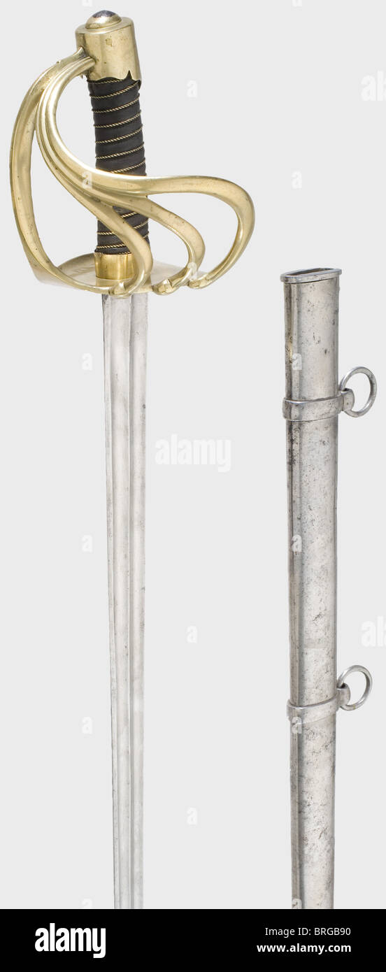 Ein preußisches Kürassier-Schwert, Modell 1817 (französische Form) massive doppelt vollgezeichnete Klinge mit französischen Stanzmarken, eingraviert 'Mture Imp-le du Klingenthal Coulaux frères'.Messing-Griff mit drei Stäben, die Unterseite mit '1.L.R.1.63' gekennzeichnet. Ledergriff mit Drahtwickel.Eisen Scheide mit zwei beweglichen Aufhängeringen, gestempelt '1.L.R.3.40.' Länge ca. 110 cm.nach der Einreise nach Paris im April 1814 versorgten sich die preußischen Regimenter mit neueren Waffen,wie der modernen französischen 'Sabre du grosse cavalerie Mle an 11',sie wurden zum offiziell ausgestellten Cuirassier Swor,Zusatzrechte-Clearences-nicht verfügbar Stockfoto