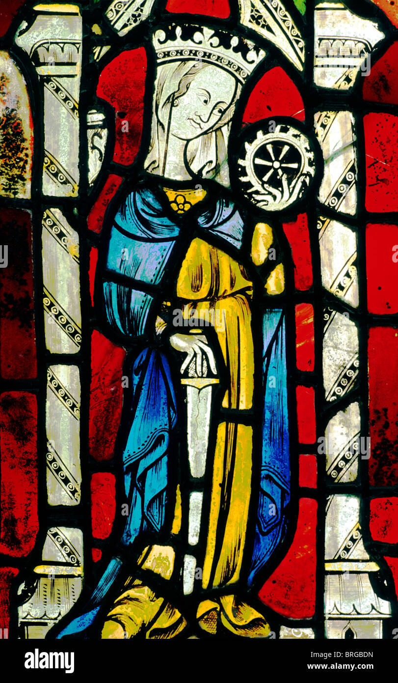 St. Catherine, mittelalterliche Glasmalerei, Ely Cathedral, Saint Catherine Wheel Englisch Saint Heiligen Cambridgeshire England UK Stockfoto