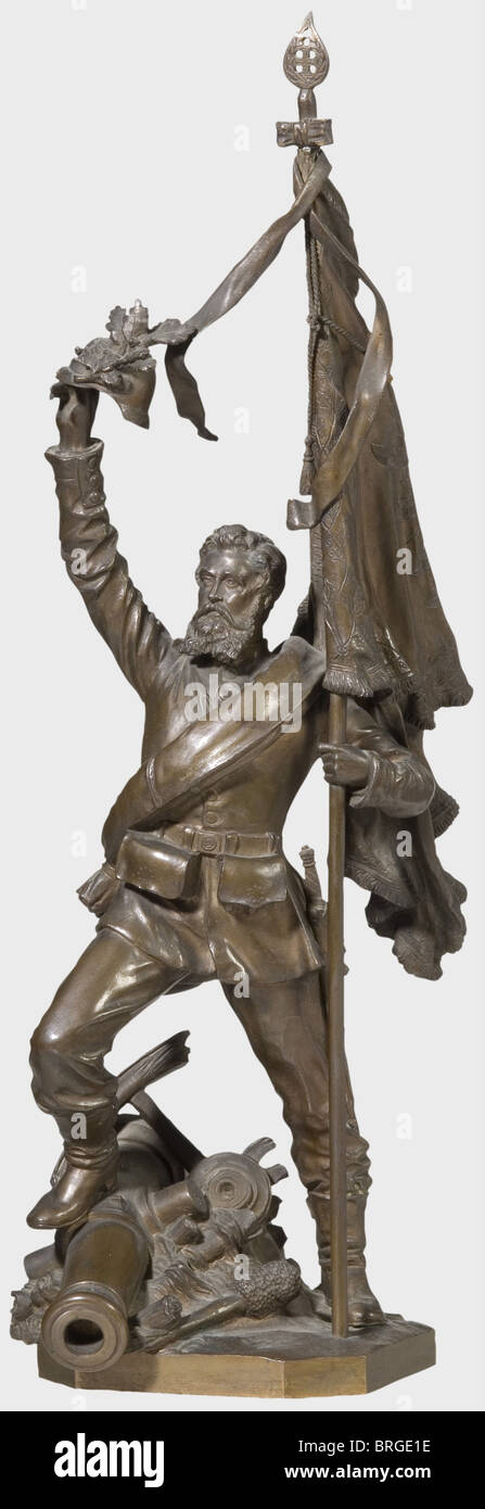 Prof. Christoph Lenz(1829 - 1915)Bronze eines Standartträgers des 7. Thüringer Infanterie-Regiments Nr. 96, detailreiche Bronzeskulptur mit brauner Patina. Das Endfinal ist locker. Das Kanonenfass ist eingeschrieben und datiert 'Ch. Lenz 1892' auf dem Breechblock. Höhe 45 cm. 1858 übernahm Christoph Lenz, Bronzegießer aus Nürnberg, die Werkstatt von J.D. Burgschmiet und lehrte nach 1868 an der Kunstgewerbeschule als Professor.,historisch,historisch,Menschen,19. Jahrhundert,Preußen,Deutschland,Objekt,Objekte,Stills,Ausschneiden,Ausschneiden,c,Additional-Rights-Clearences-not available Stockfoto