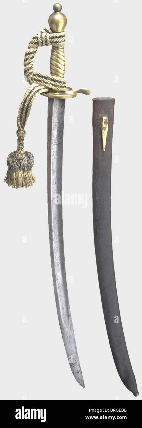 Ein preußischer Infanteriesäbel Modell 1715, für eingesandte Männer und  nicht beauftragte Offiziere leicht gebogen, geätzte Klinge mit breiten  Fullern, und die gekrönte Chiffre 'FWR' auf Vorder- und Rückseite mit der  Herstellerbeschriftung 'C.Bollinger