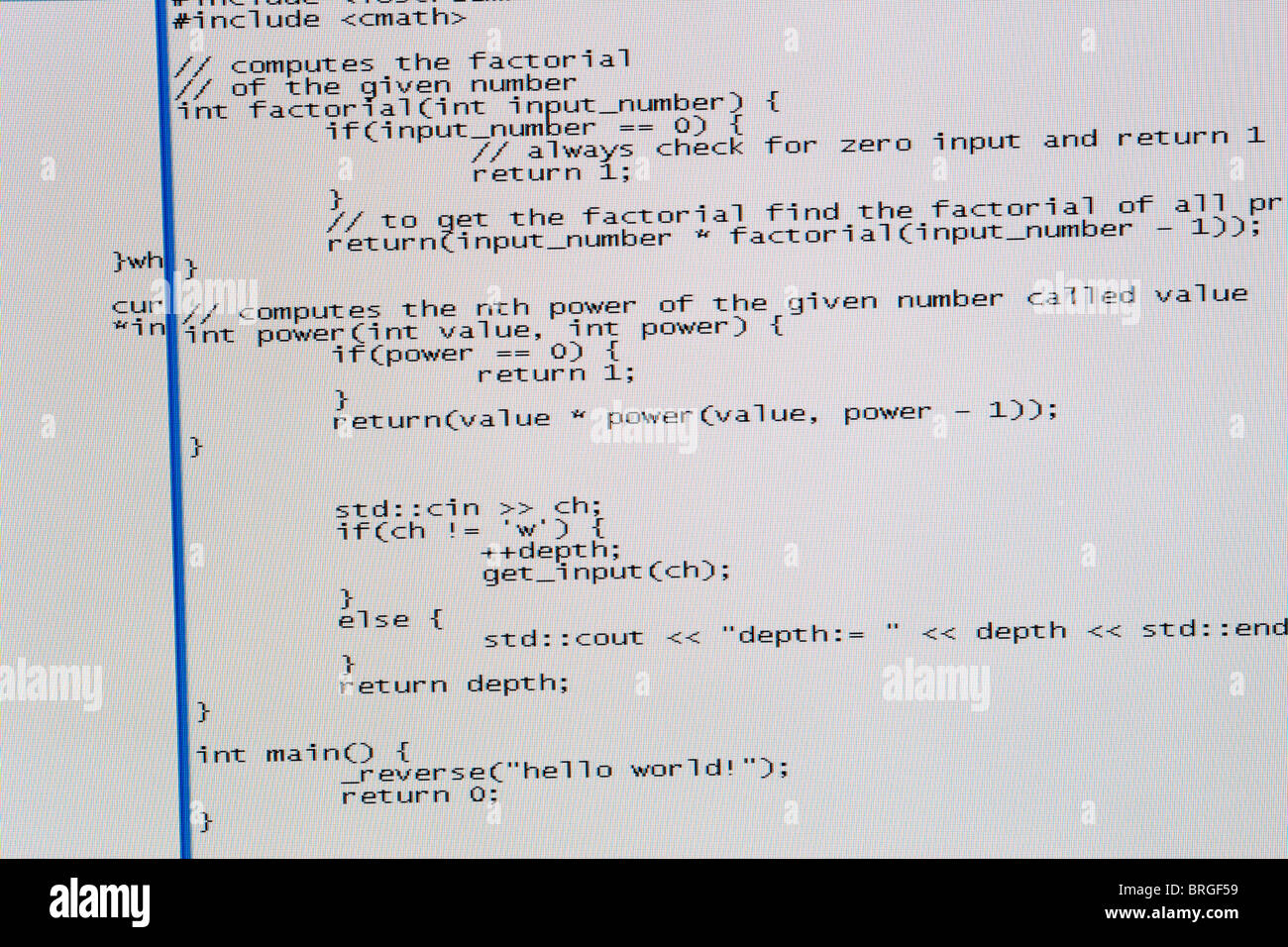 Screenshot von einem Programm, geschrieben in der Programmiersprache C++ computer Stockfoto