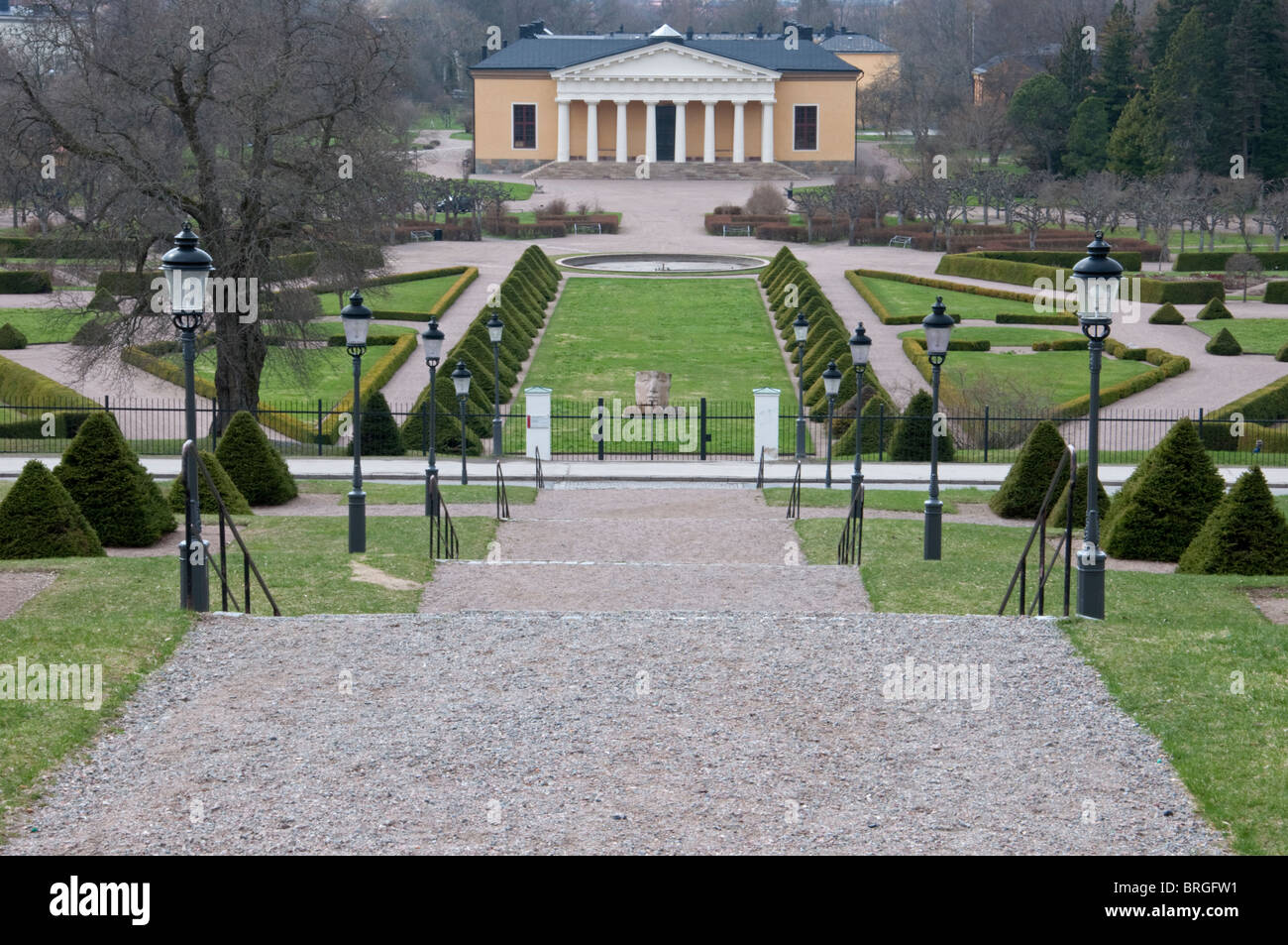 Botanischer Garten der Universität Uppsala betrachtet von der Burg. Stockfoto