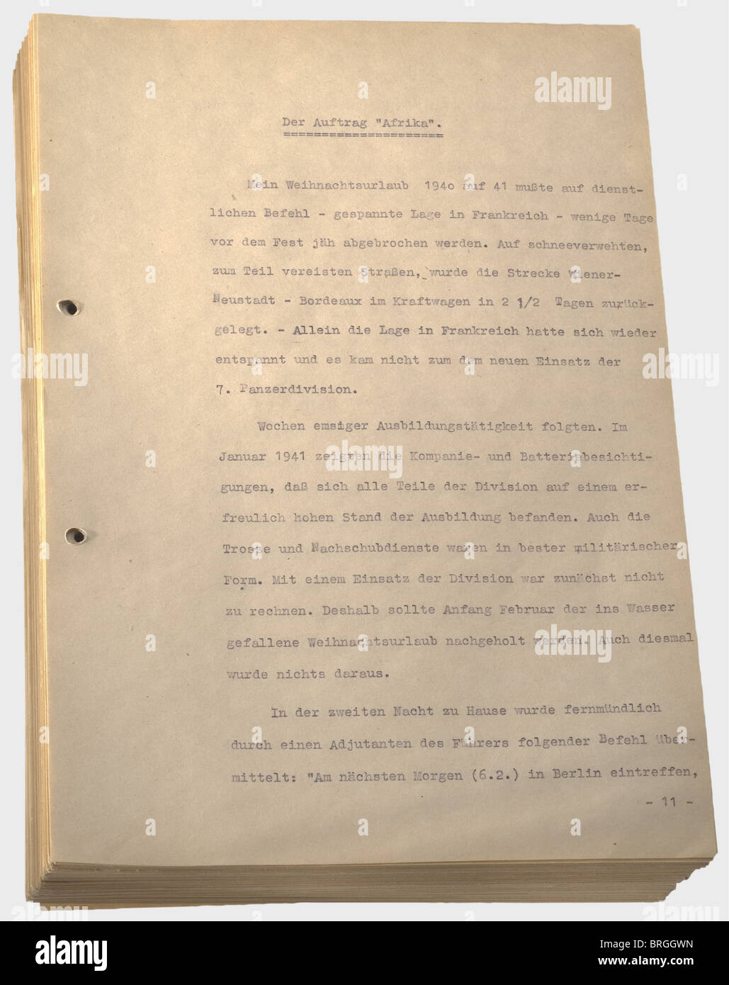 Feldmarschall Erwin Rommel (1891 – 1944), Hinweise zum Afrikafeldzug mit handschriftlichen Korrekturen 14 maschinengeschriebenen Seiten Stockfoto