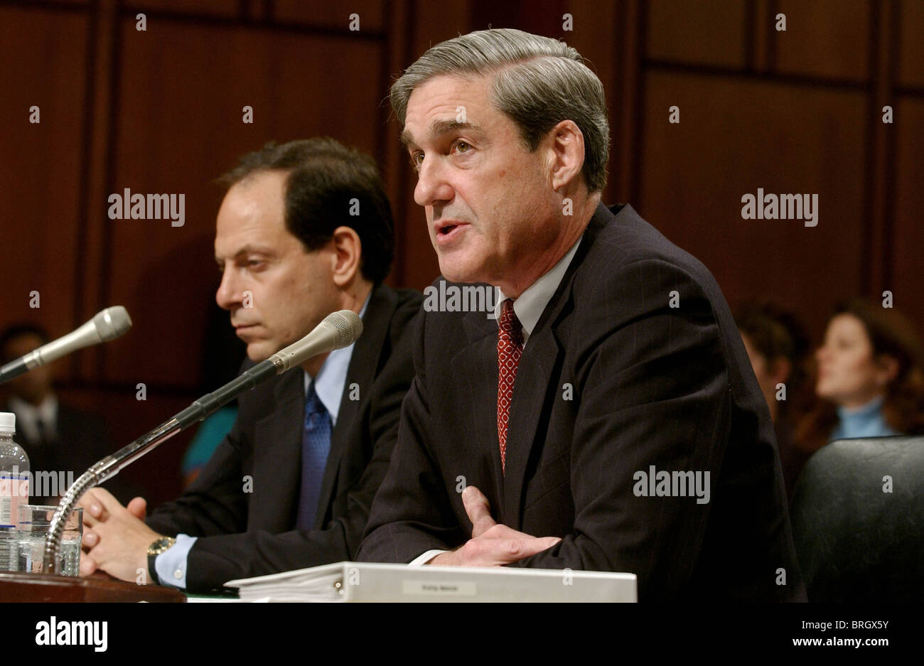 FBI Director Robert Mueller (R) und Gerechtigkeit-Abteilung Inspector General Glenn Fine sprechen während der Justizausschuss des Senats zu hören Stockfoto