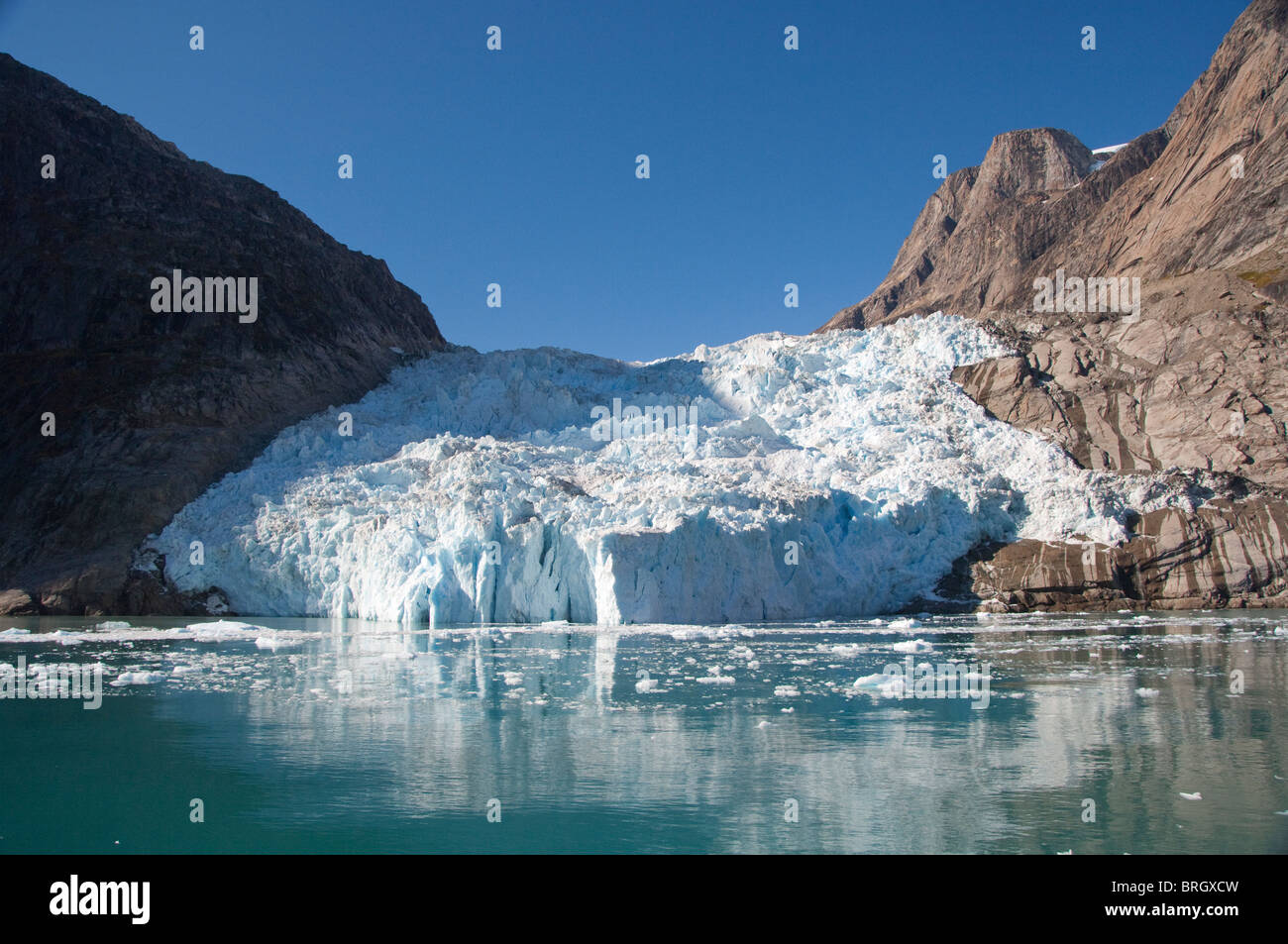 Grönland, Süd-und Ostküste, Skjoldungen-Fjord. Zurückweichenden Gletscher. Stockfoto