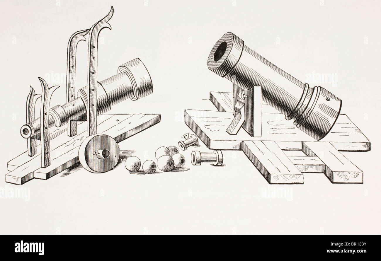 15. Jahrhundert Pistole Kanonen, mit festen Lafette (rechts) und rollenden Wagen (links). Stockfoto