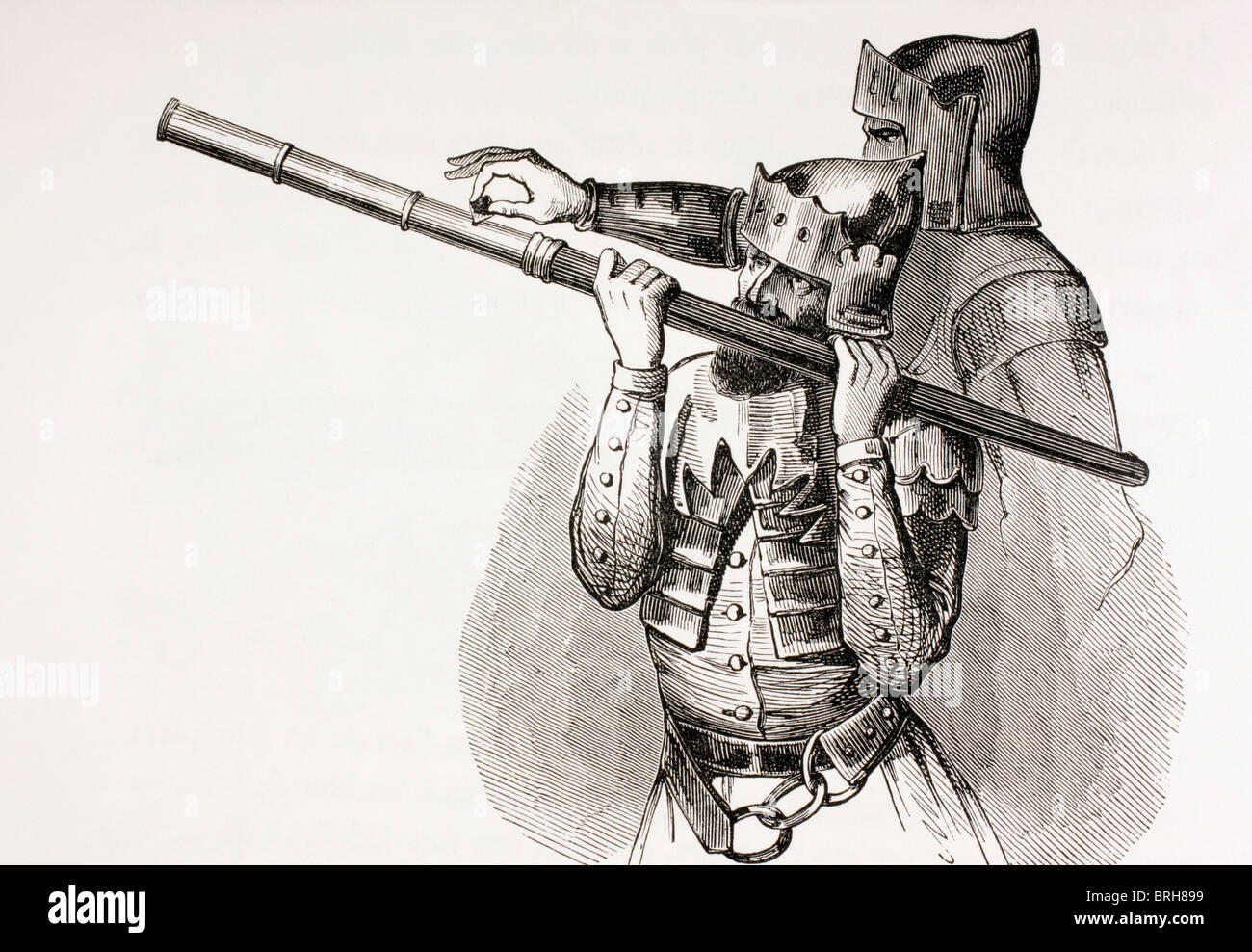 Zwei Soldaten der 15. Jahrhundert mit einem Hand-Pistole oder Brand-Schlagstock. Stockfoto