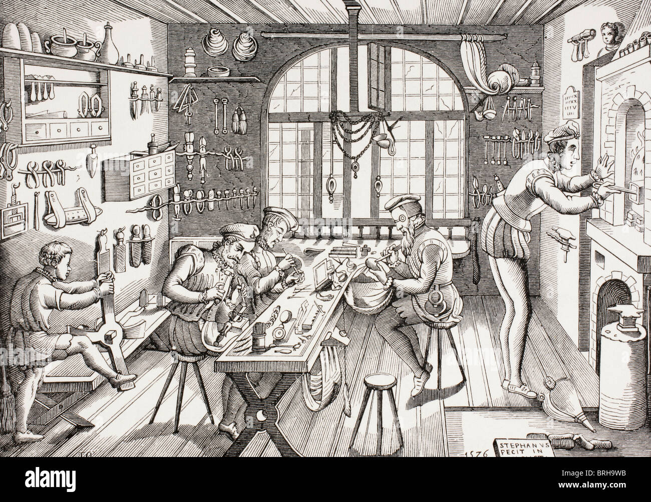 Étienne Delaune, französischer Goldschmied, c. 1519-1583. Interieur von seiner Werkstatt. Stockfoto