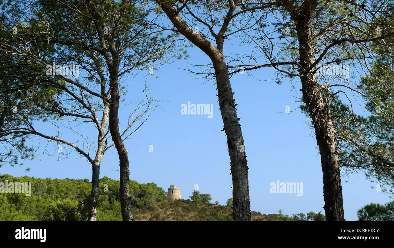 Torre del Hilmi Wachtturm, Port de Sant Miquel, Ibiza Spanien Stockfoto
