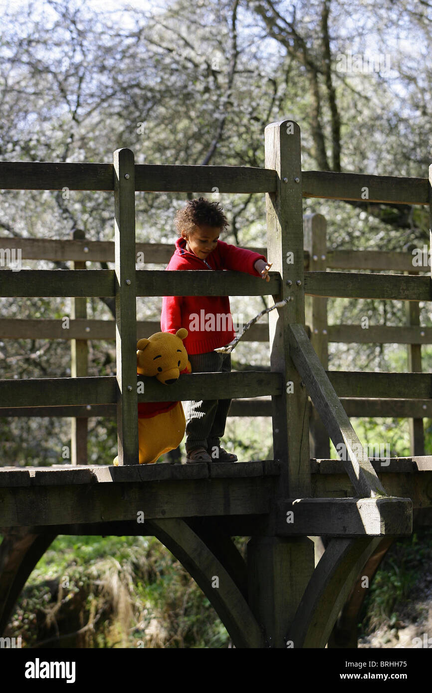 Ein kleiner Junge spielt Pooh Sticks auf Pooh Bridge in der Ashdown Forest. Bild von James Boardman. Stockfoto