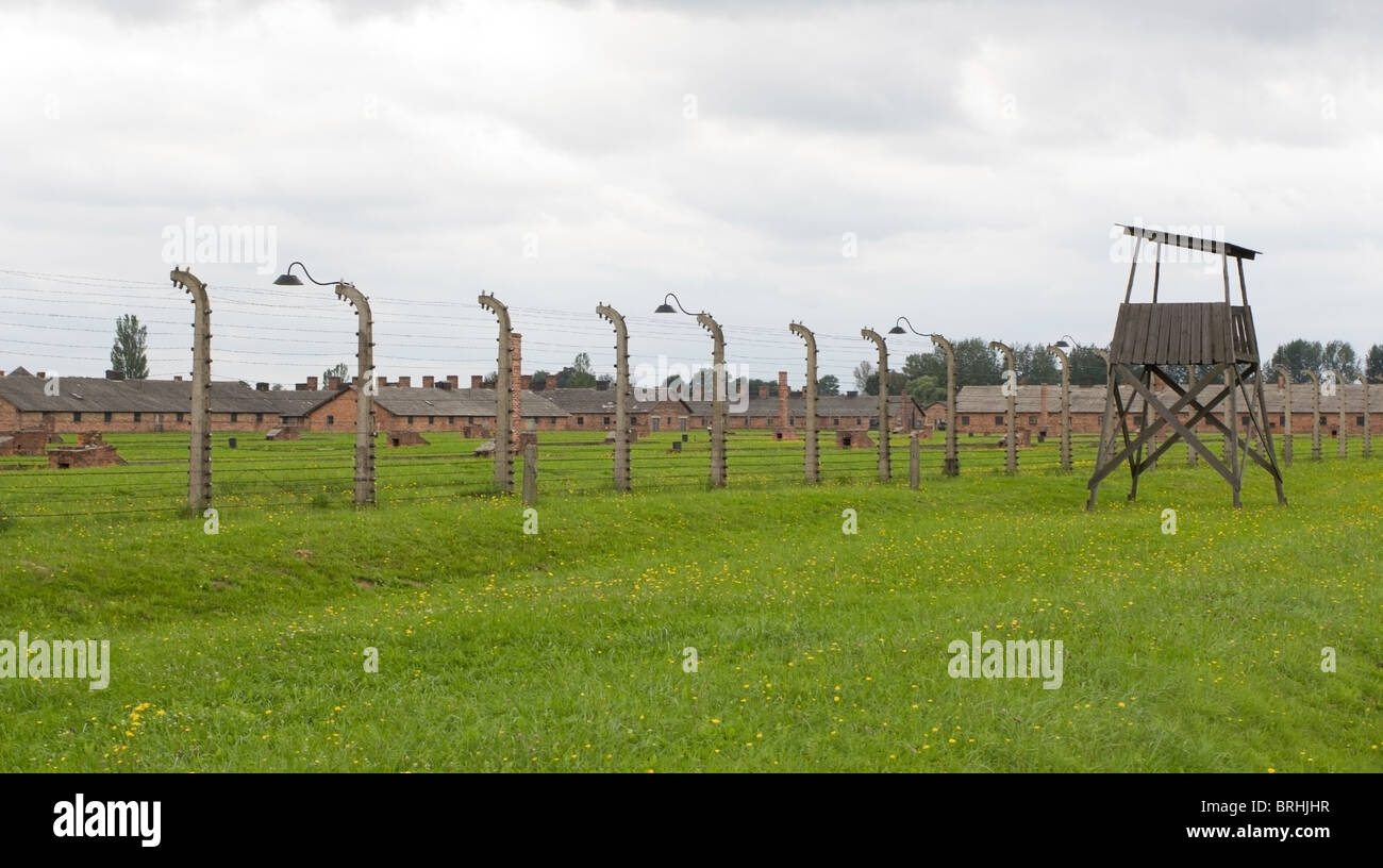 Wachturm im KZ Auschwitz-Birkenau in der Nähe von Krakau, Polen Stockfoto