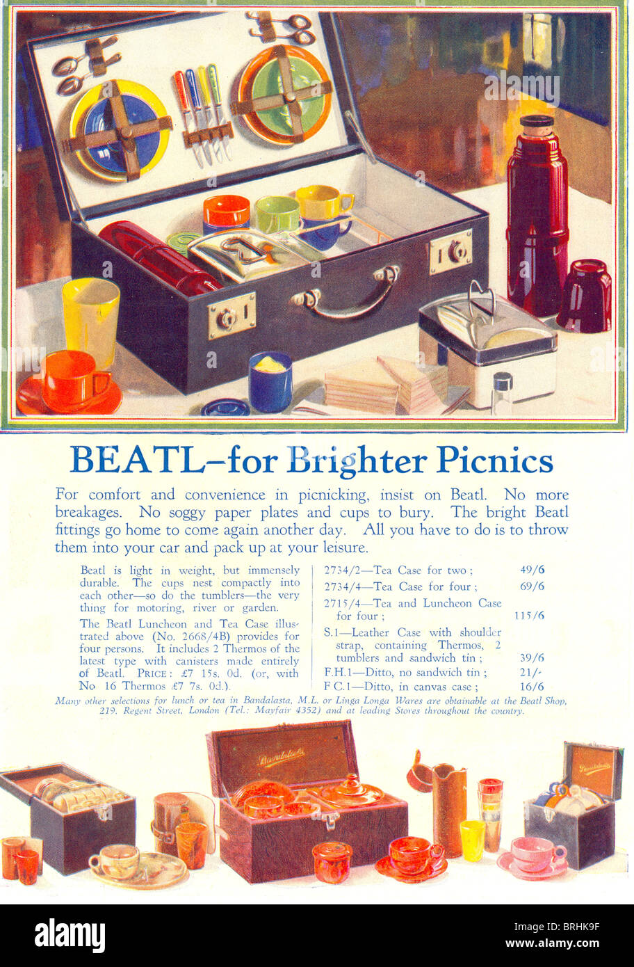 Werbung für Beatl Ware für hellere Picknicks 1930 Stockfoto