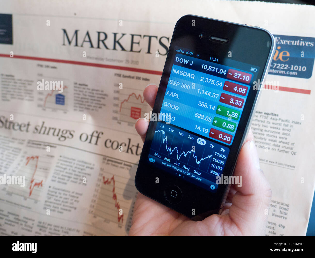 Frau hält iPhone 4G Smartphone und Börse-Aktien-Performance mit app und Online-Finanzzeitung überprüfen Stockfoto