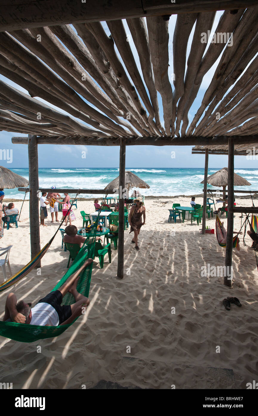 Mexiko, Cozumel. Freiheit im Paradies Beach Bar am Playa Box, Isla de Cozumel (Insel Cozumel). Stockfoto