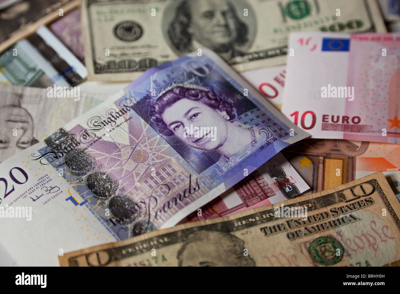 Pfund, Dollar und Euro-Banknoten Stockfoto