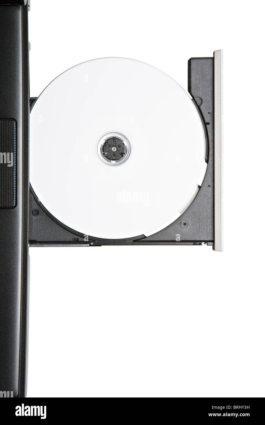 CD oder DVD mit Leerzeichen in Laptop-Laufwerksschacht - isoliert auf weiss Stockfoto